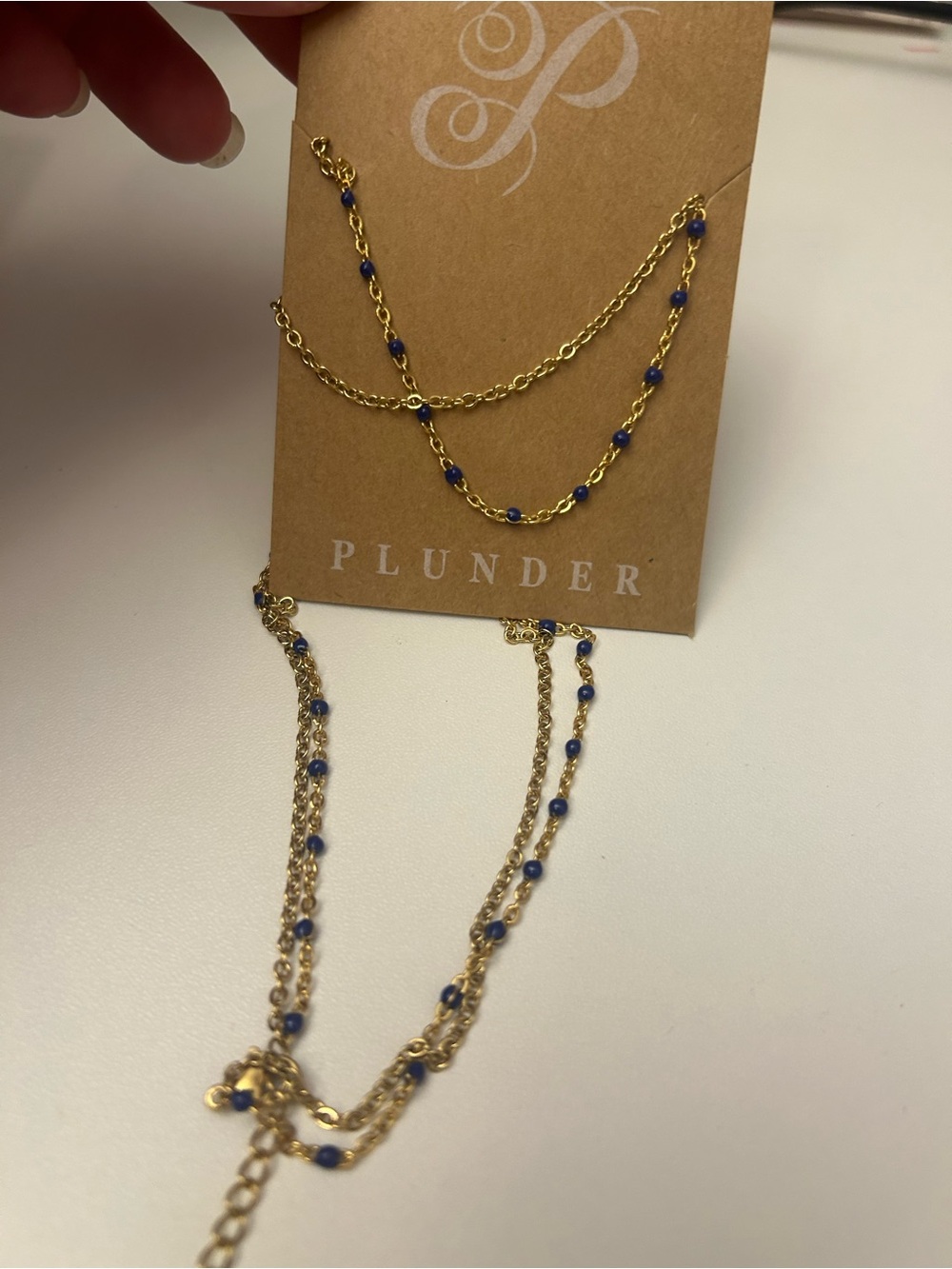 Plunder necklace gold tone purple/blue beads NWT new delicate dainty look